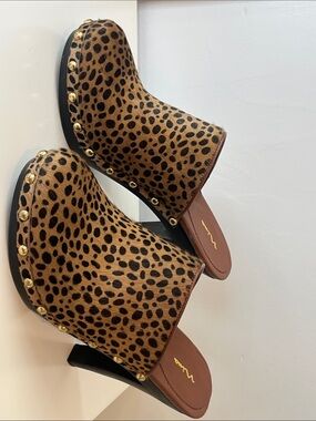 Nina- SZ 9m- Leather, Leopard Print Studded Women’s Mule Heels - Brown & black